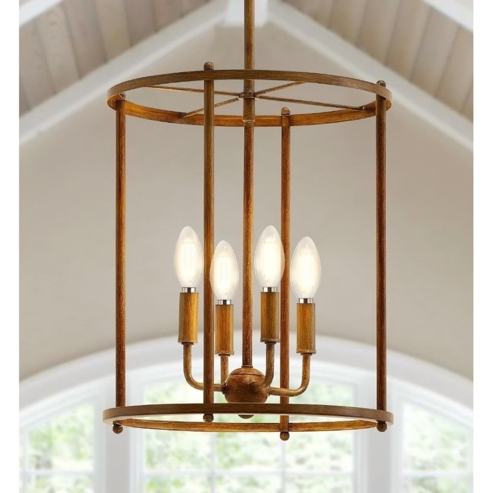 4-Light Wood Grain Lantern Chandelier—Adjustable Farmhouse Ceiling—Woodgrain